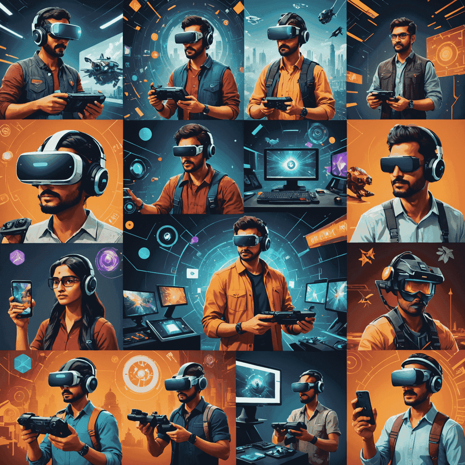 A collage showcasing various Indian game developers working on AR/VR projects, with traditional Indian motifs blended into futuristic game interfaces