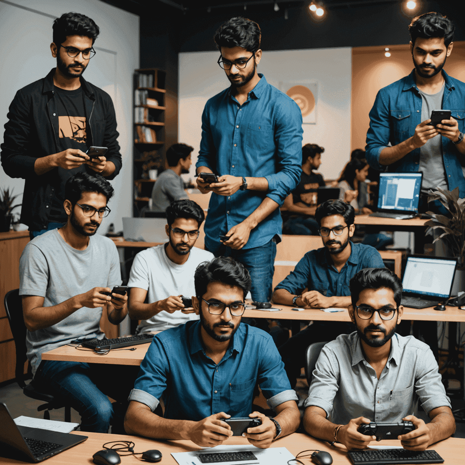 Collage of young Indian game developers in a modern studio, working on mobile games with cutting-edge technology