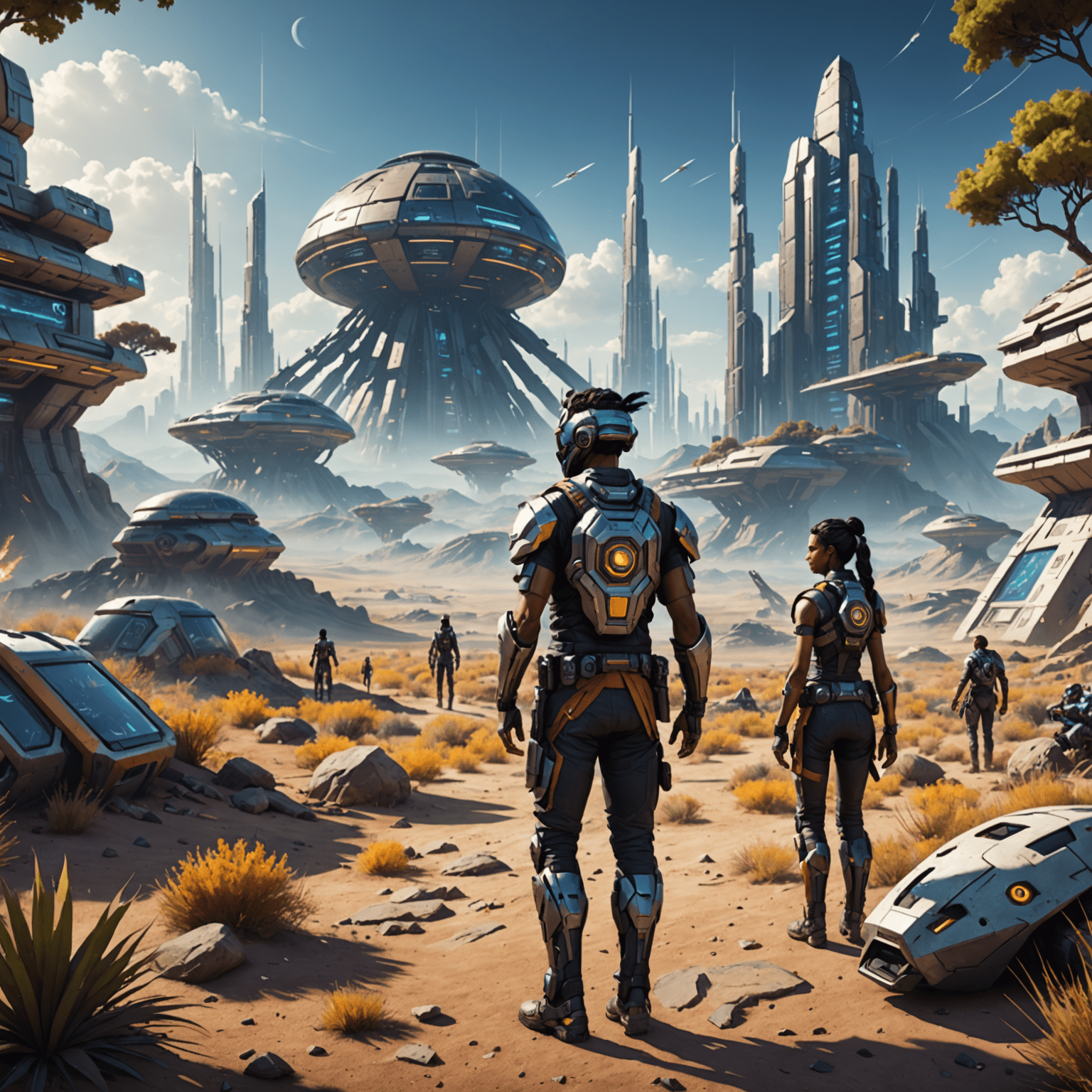 Futuristic game development scene with Indian-inspired characters and landscapes on mobile devices