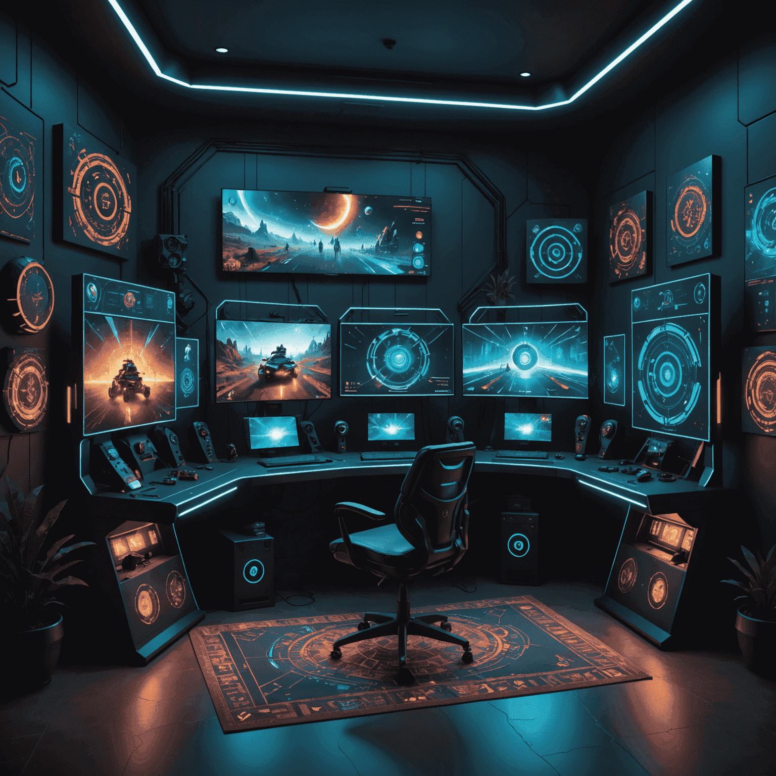 A futuristic gaming setup with holographic displays showing various stages of game development, blending traditional Indian art motifs with high-tech elements