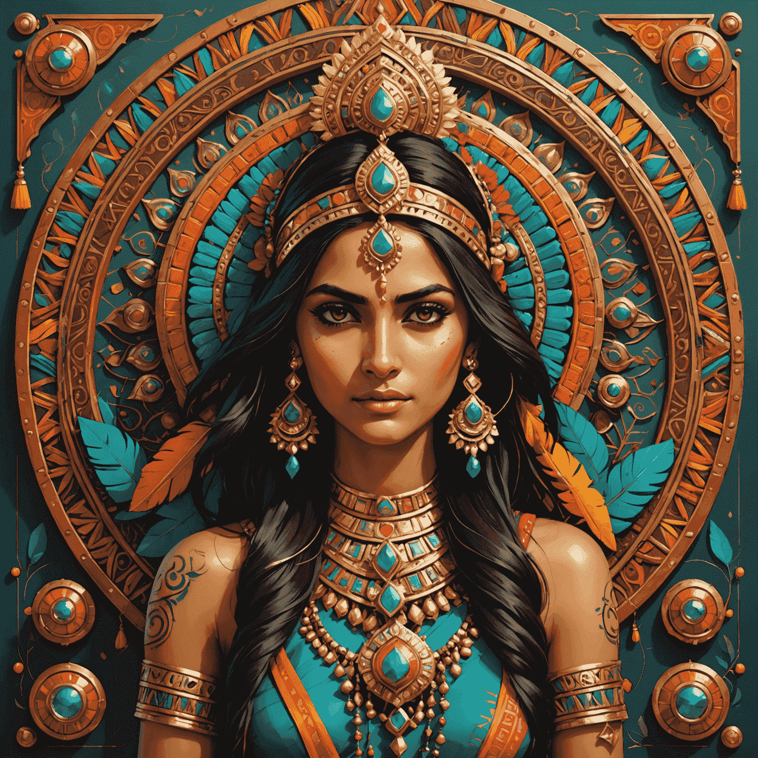 A vibrant digital artwork showcasing a fusion of traditional Indian motifs and modern game UI elements, with bold colors and sleek design