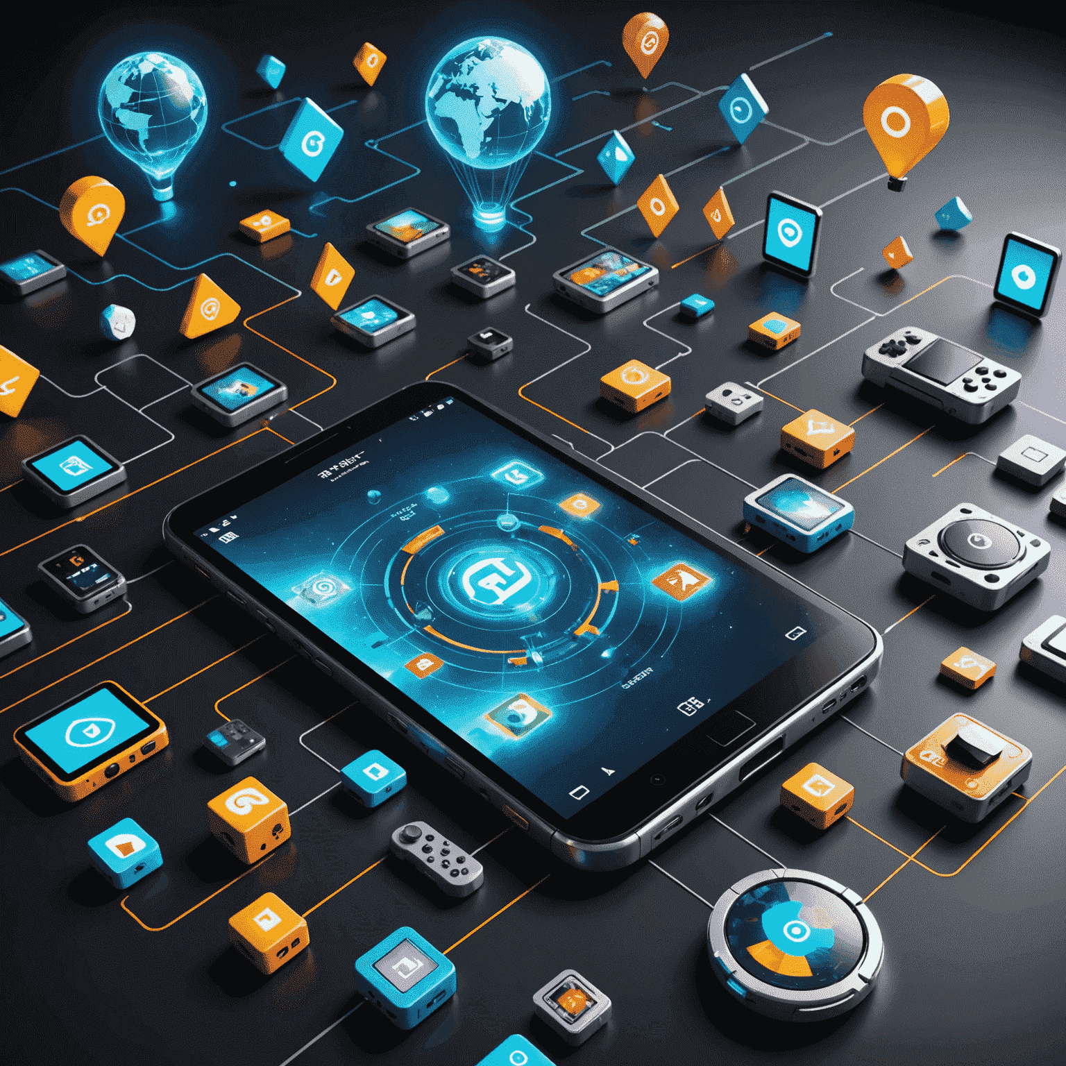 A futuristic visualization of global mobile gaming market, showing interconnected devices with Indian cultural elements and gaming icons floating above