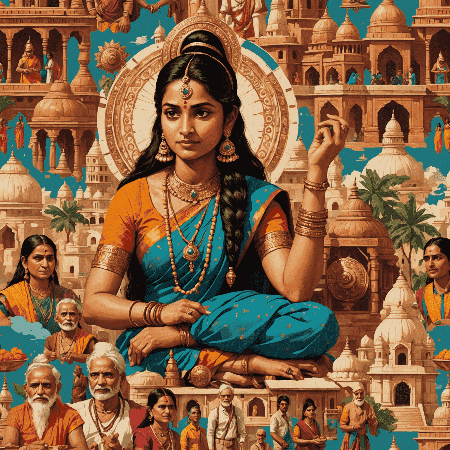 A vibrant collage showcasing various elements of Indian culture such as traditional art, architecture, festivals, and modern technology, blended seamlessly with gaming icons and characters