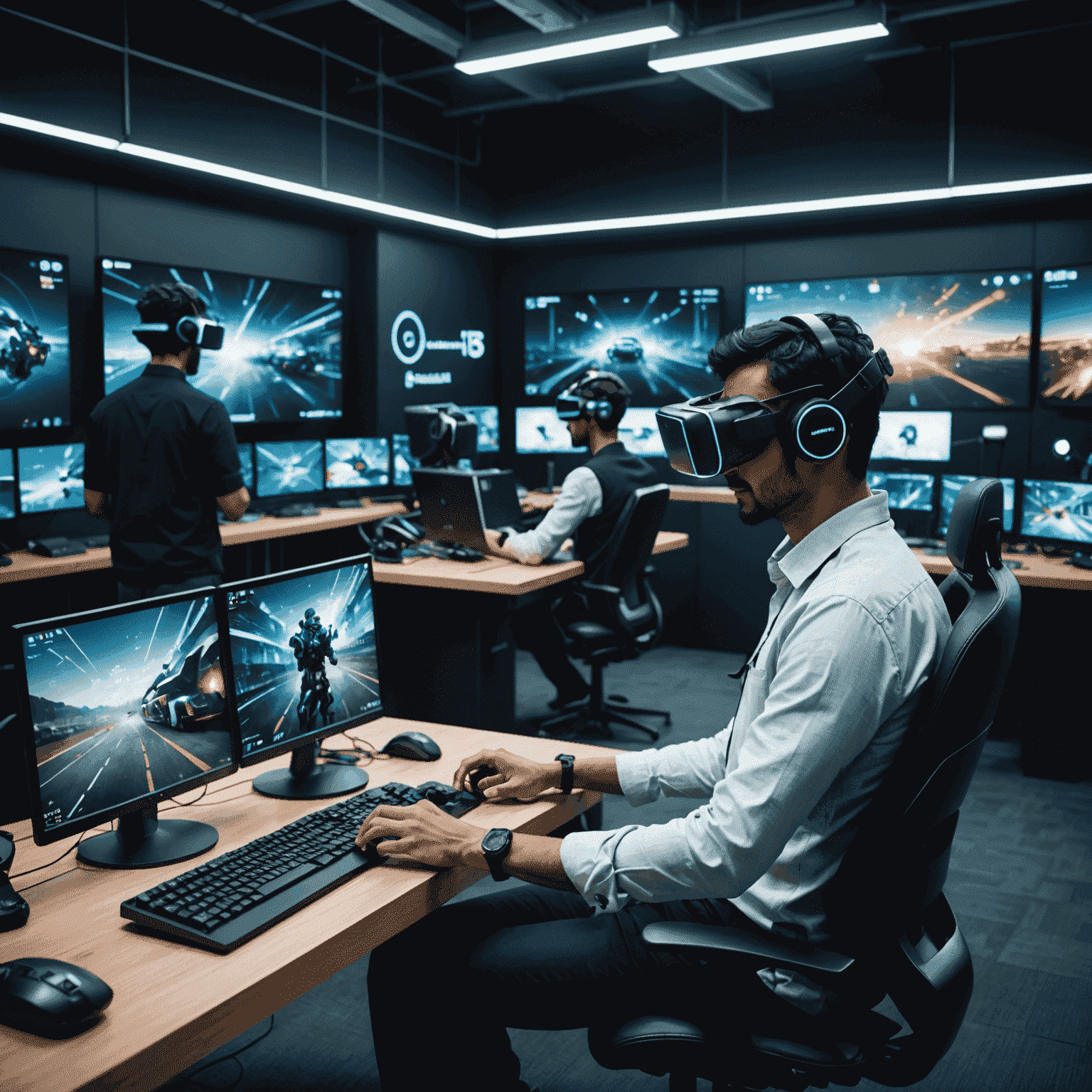 A futuristic tech innovation lab with advanced gaming equipment, VR headsets, and large touchscreen displays. Indian developers are seen working on cutting-edge mobile game prototypes.