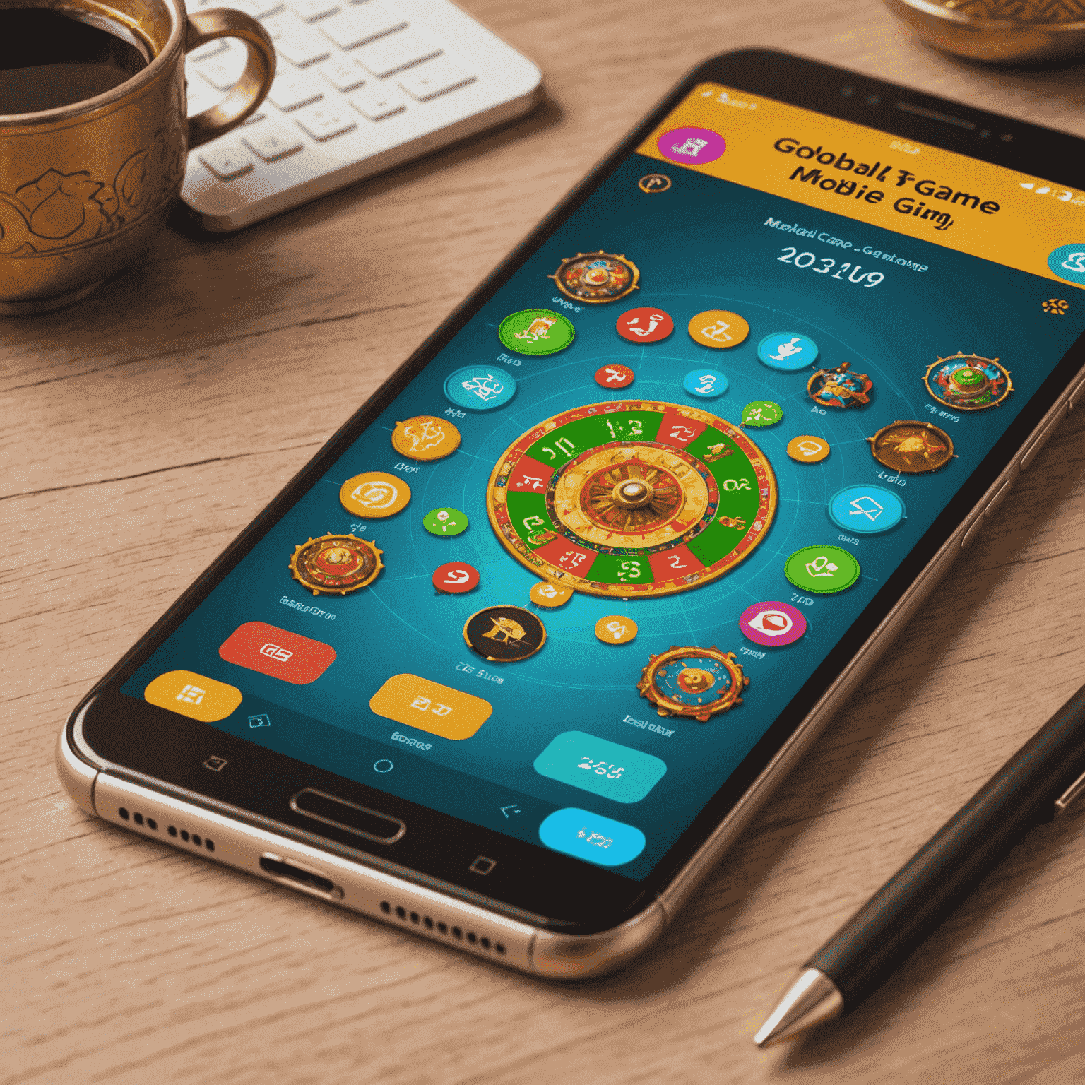 A smartphone displaying a colorful Indian-themed mobile game interface with global download statistics and chart rankings overlaid