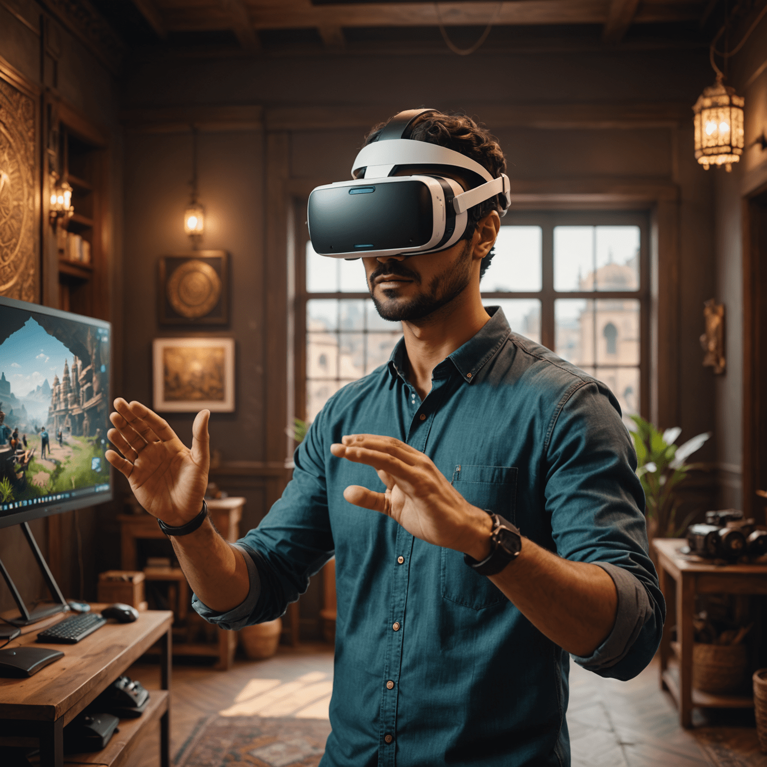 A game developer wearing a VR headset, manipulating 3D objects in a virtual space with Indian architectural elements