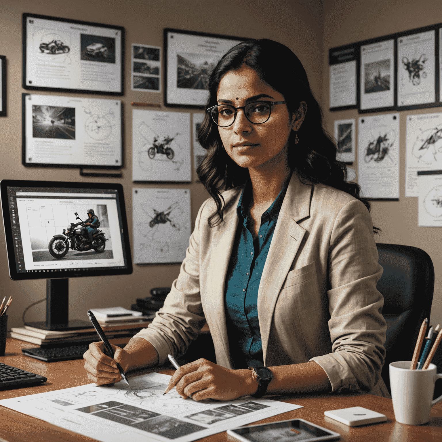 Priya Sharma, a young Indian woman with glasses, sitting at her desk with storyboards and a tablet showing game concept art