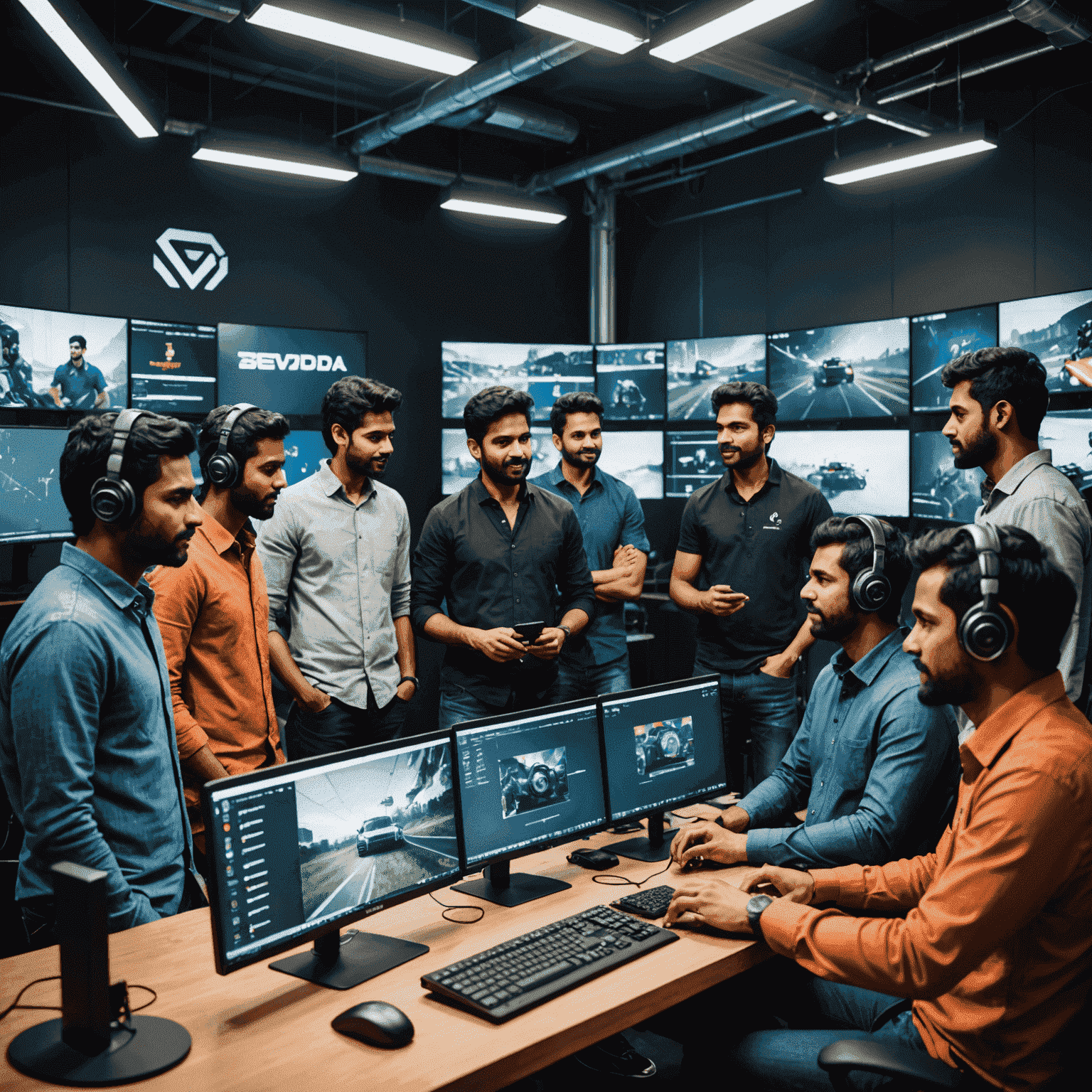 A diverse team of Indian game developers collaborating in a high-tech studio, surrounded by screens displaying various aspects of mobile game development