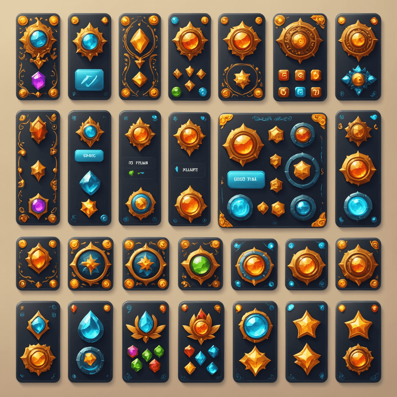 A collection of mobile game UI elements with Indian-inspired patterns and modern, sleek design