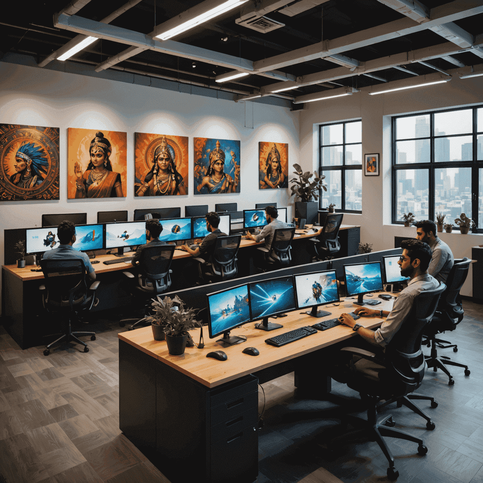 A diverse team of Indian game developers collaborating in an open-plan office space, surrounded by vibrant artwork inspired by both traditional Indian culture and futuristic gaming concepts.