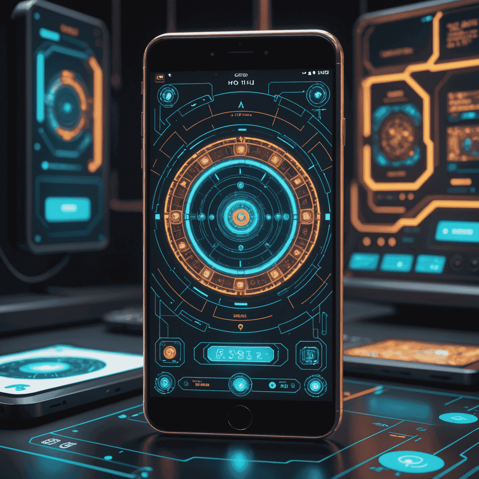 A futuristic mobile device displaying a complex Indian-themed game interface with holographic projections