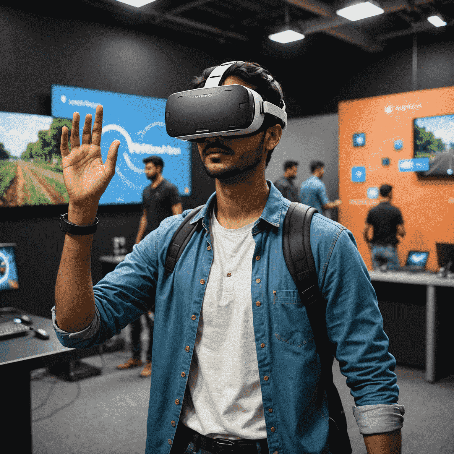 Arjun Mehta, a young Indian man in casual tech attire, demonstrating a VR mobile game prototype