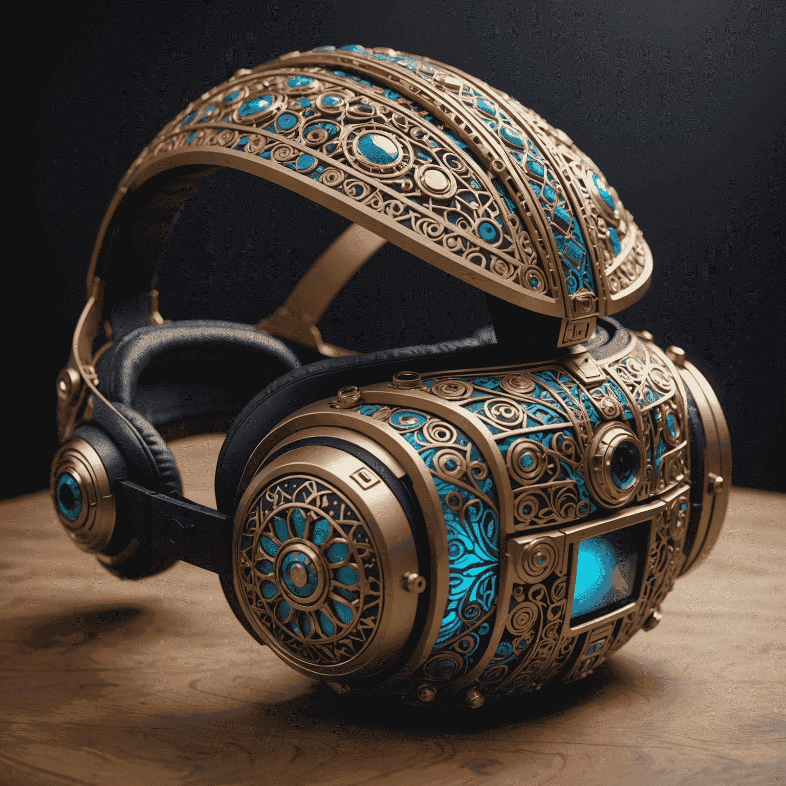 A futuristic VR headset decorated with intricate Indian patterns, symbolizing the fusion of tradition and technology in our game development