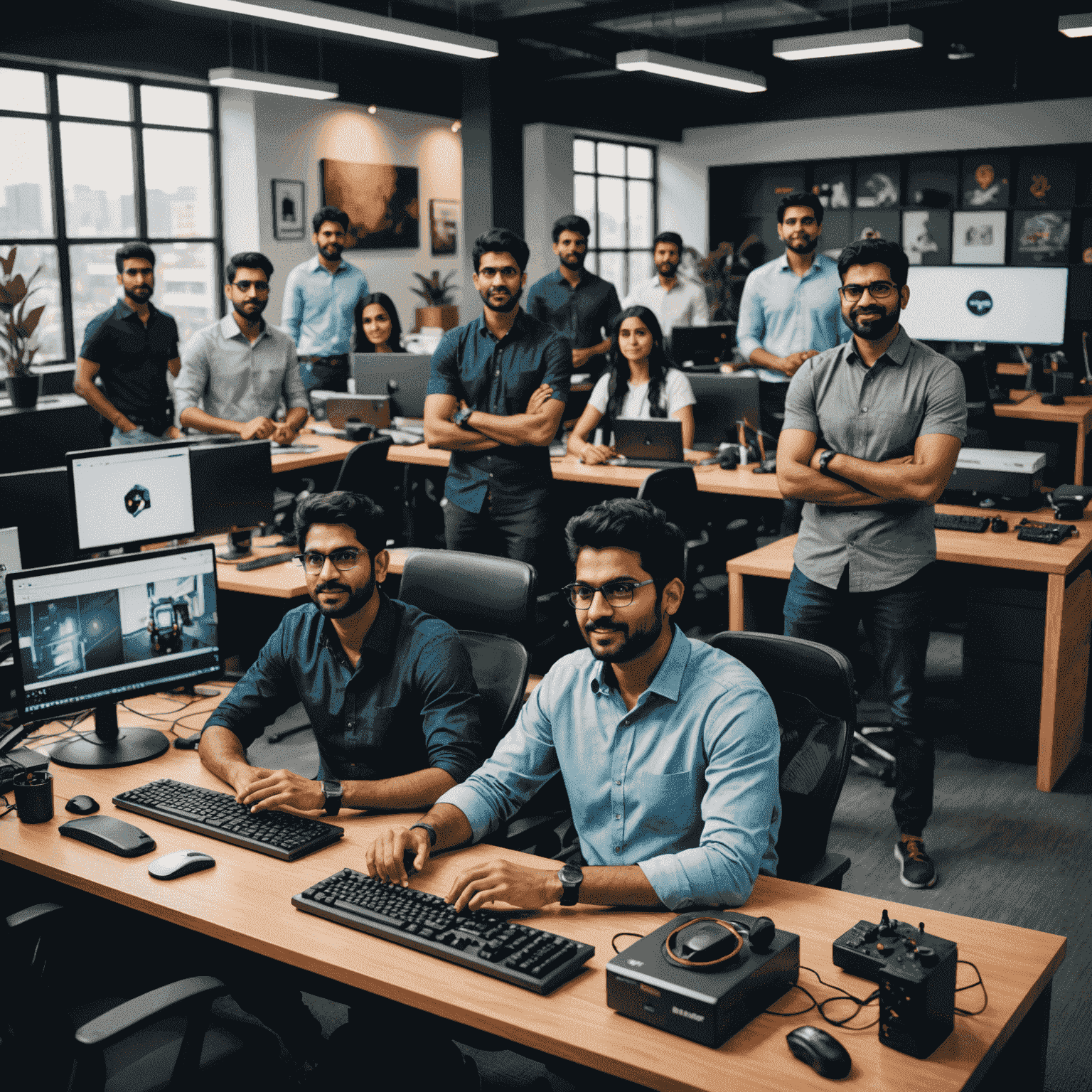 A montage of diverse young Indian developers and studio heads in modern office settings, surrounded by gaming equipment and design tools