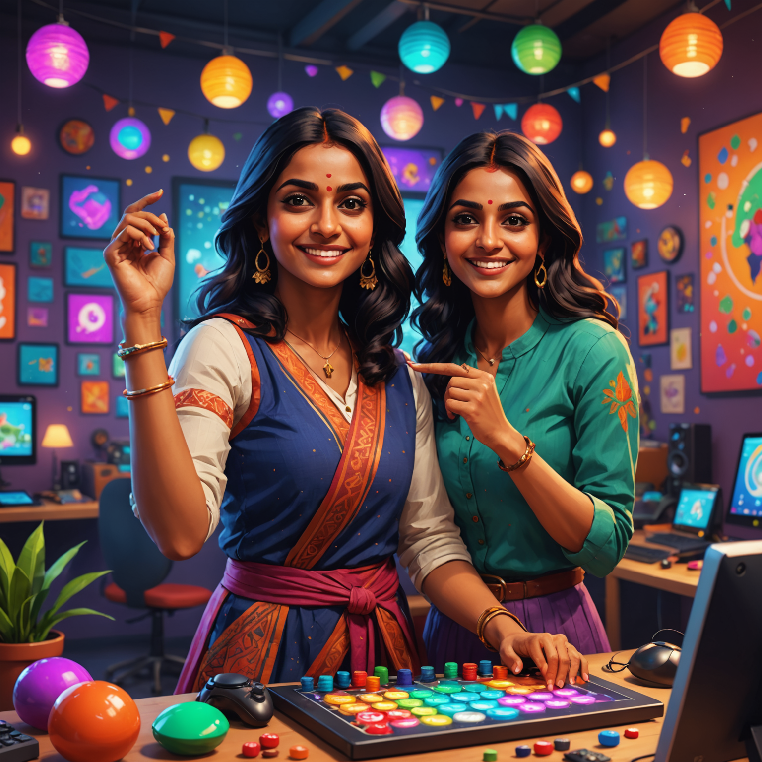 Zoya Patel, a vibrant young Indian woman, celebrating with her small team in a colorful indie game studio