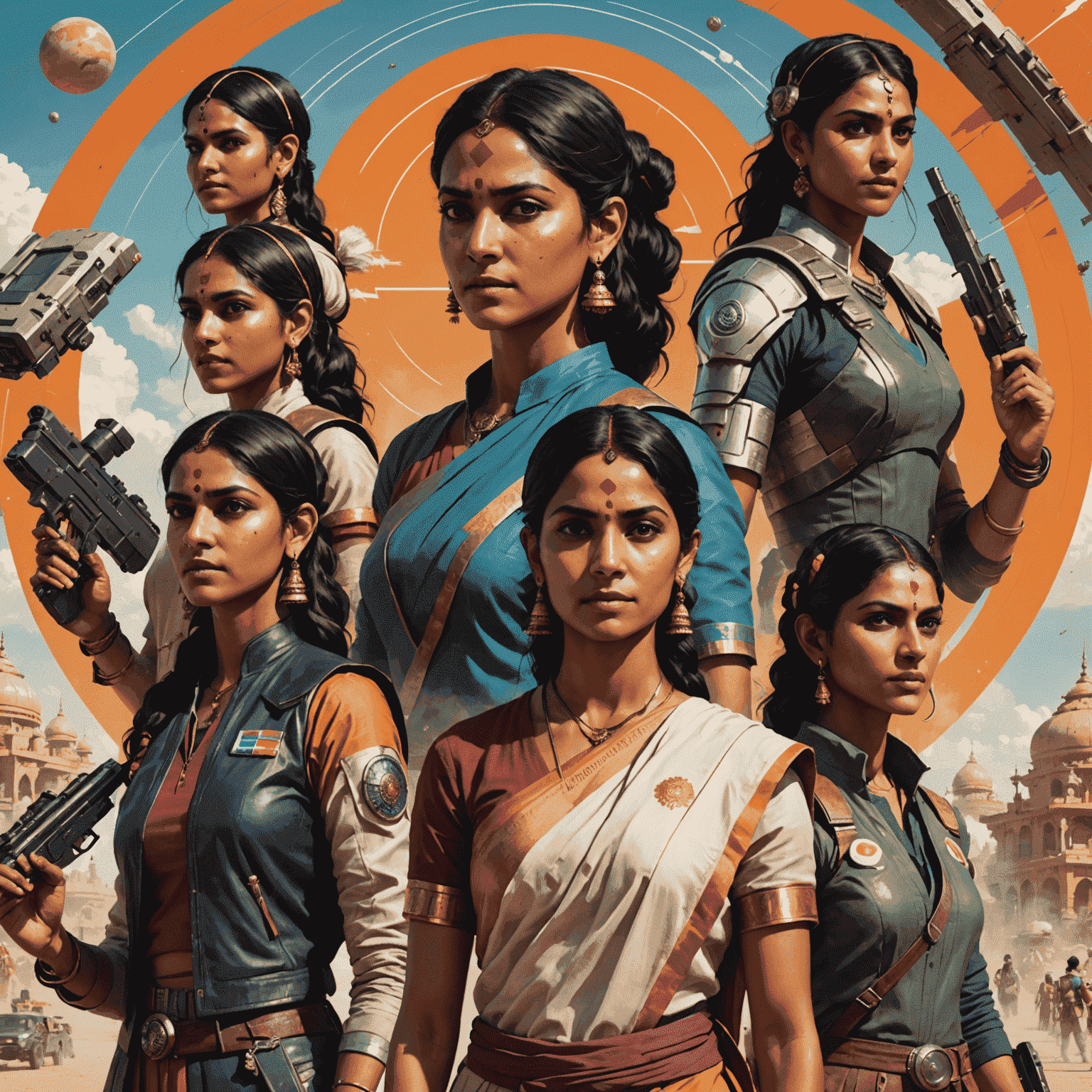 A collage of diverse characters from various Indian cultures, reimagined in a futuristic setting, showcasing our commitment to representation in gaming