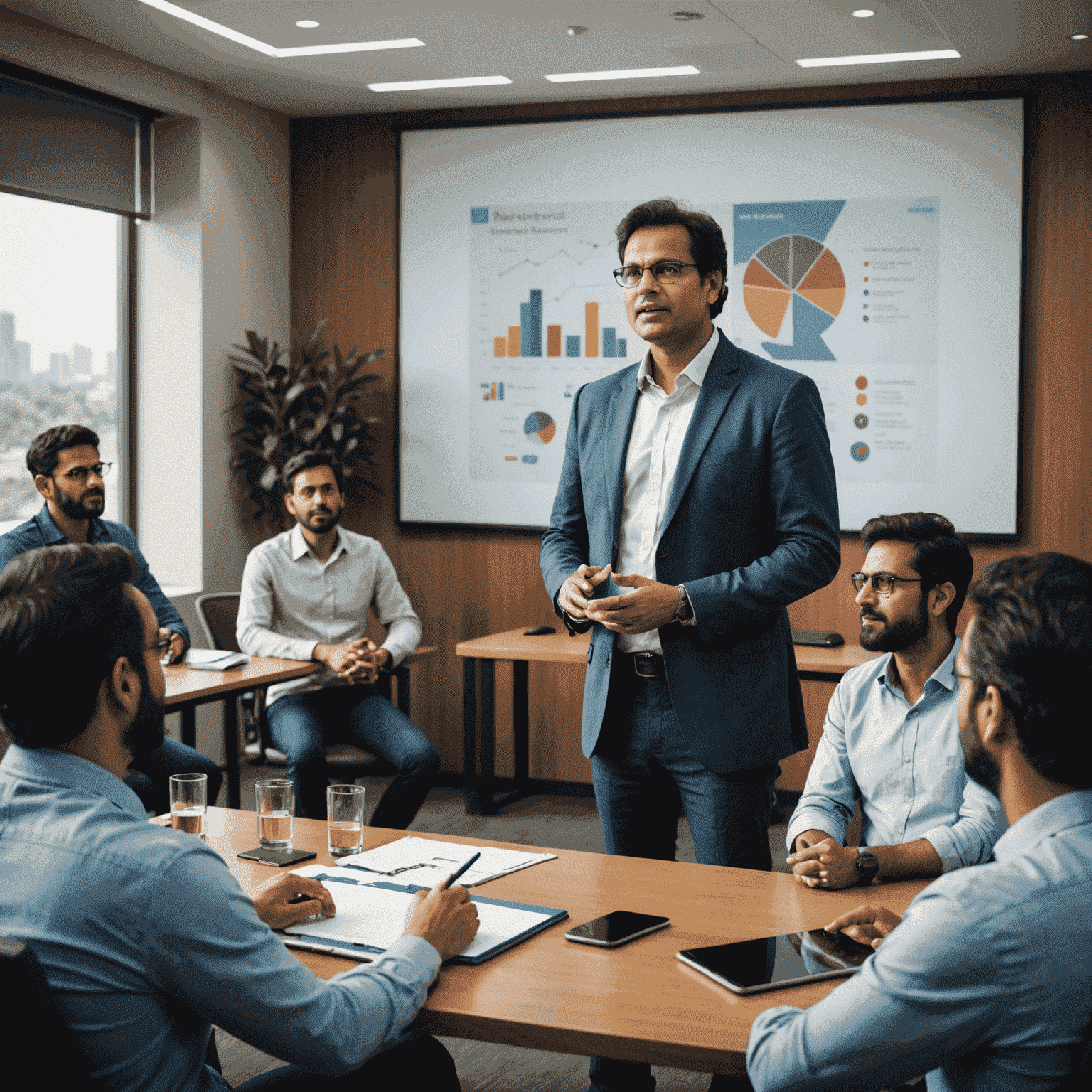 Vikram Chandra, a middle-aged Indian man in smart casual attire, giving a presentation to young developers in a modern conference room