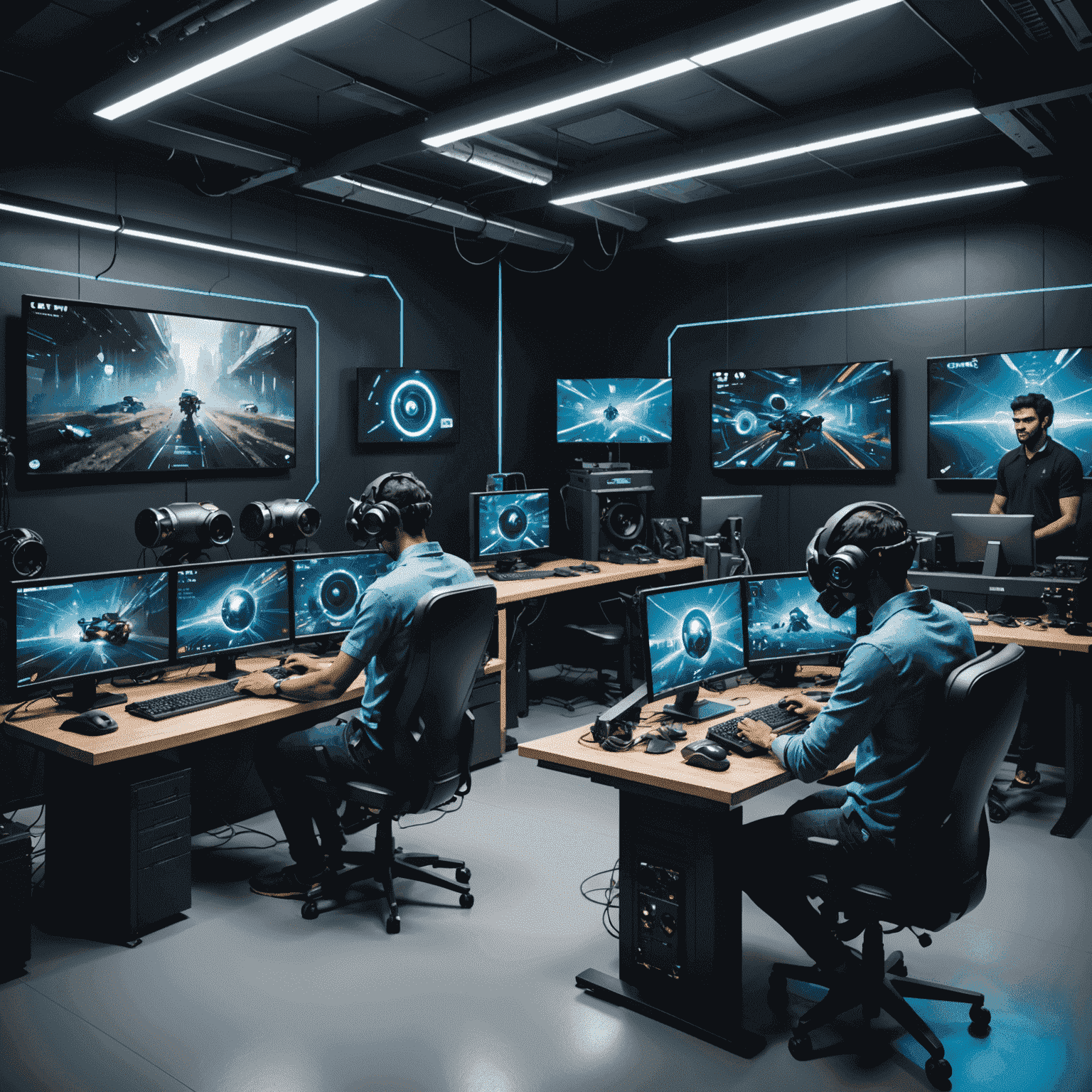 Futuristic tech lab with Indian developers working on advanced gaming technologies and VR setups